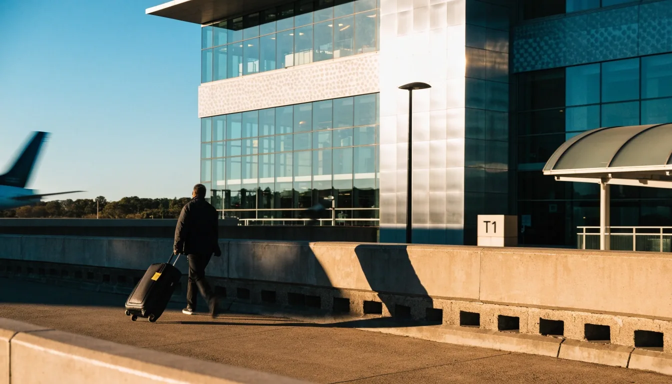 Sydney Airport terminal facade seen from short-term car park top deck in afternoon light