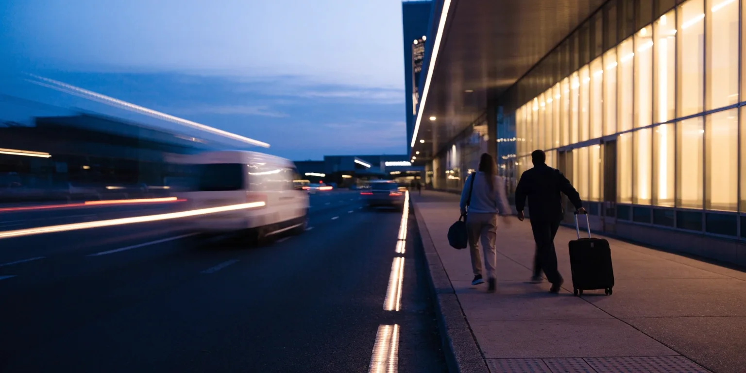 Sydney Airport access road at night with terminal lights