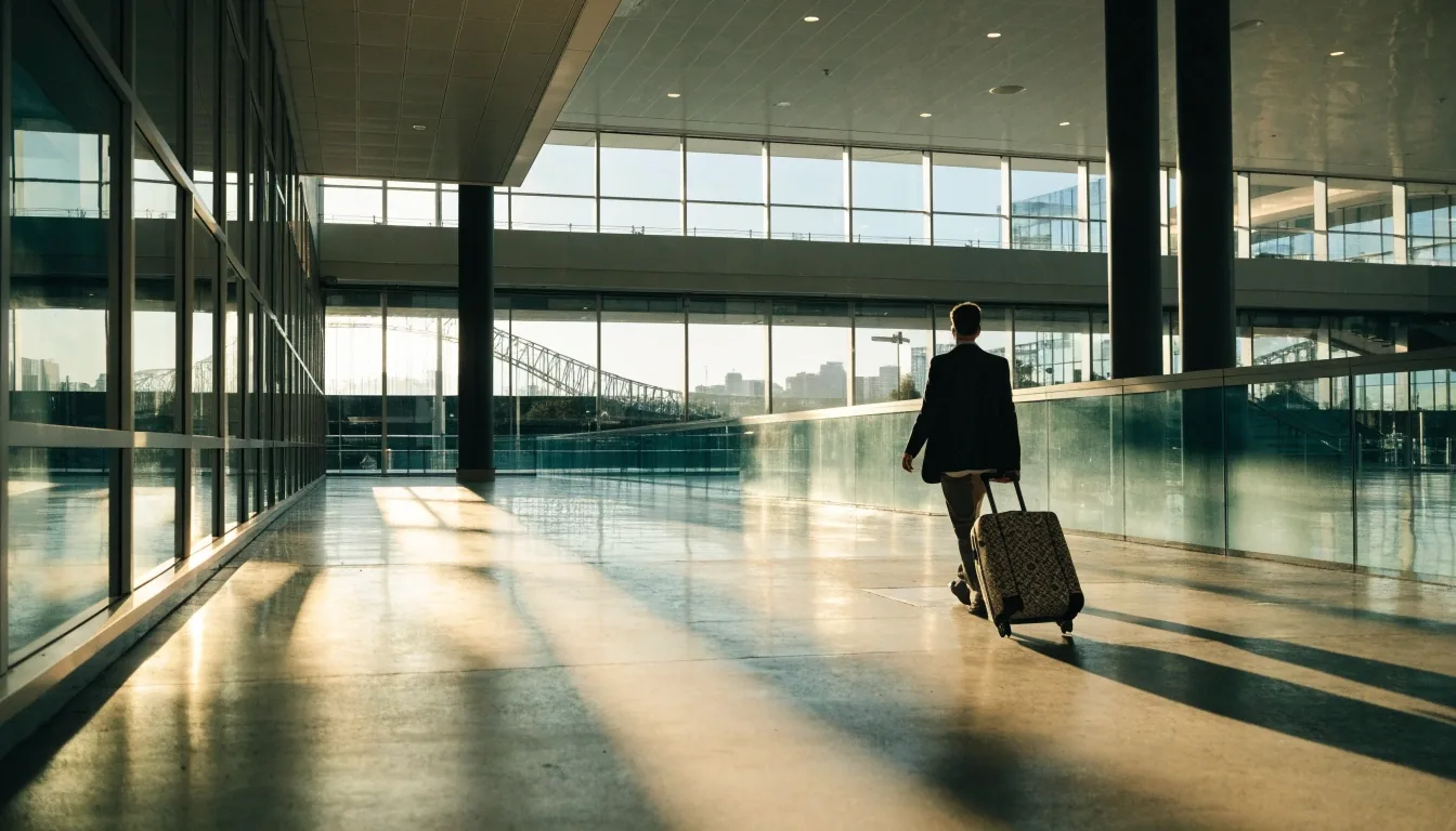 Traveller with suitcase walking along covered walkway toward Sydney Airport terminal