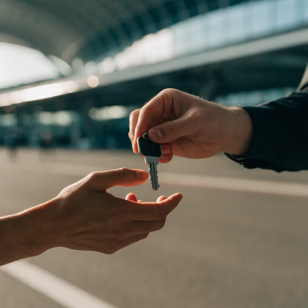 Driver handing over a car key at the airport kerb