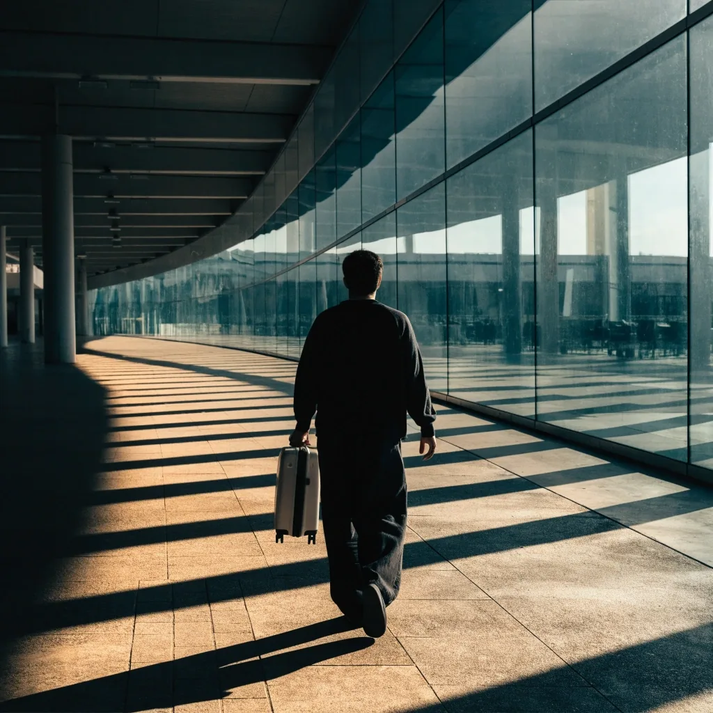 Traveller with suitcase walking along a covered walkway to the terminal