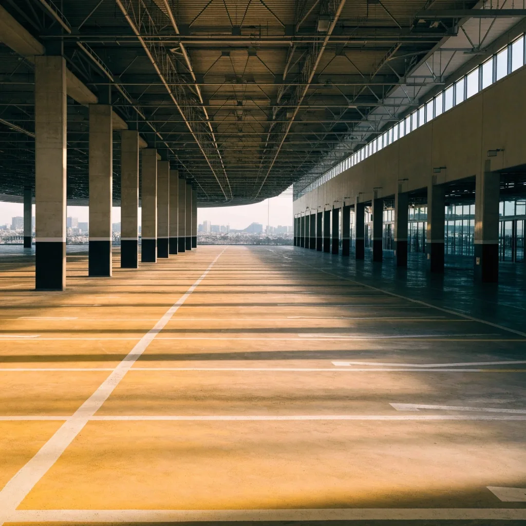 Undercover self parking deck with empty bays in morning light