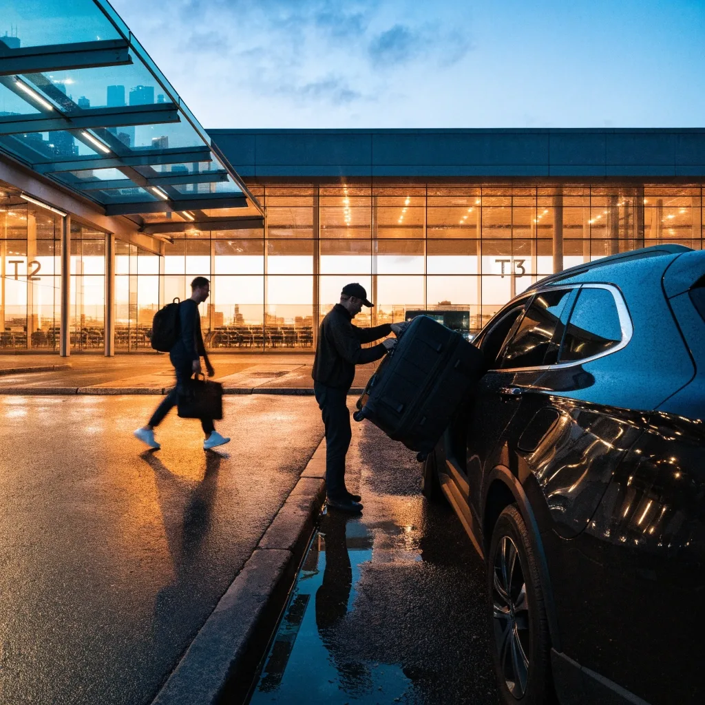 Cars and travellers at the Sydney Airport domestic terminal kerb at dusk