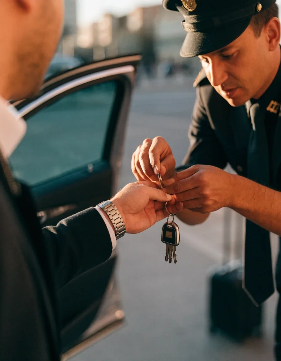 Driver handing over car key to valet attendant at the domestic kerb