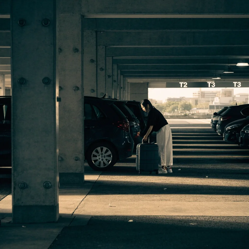 Traveller with suitcase walking along covered walkway to domestic terminal