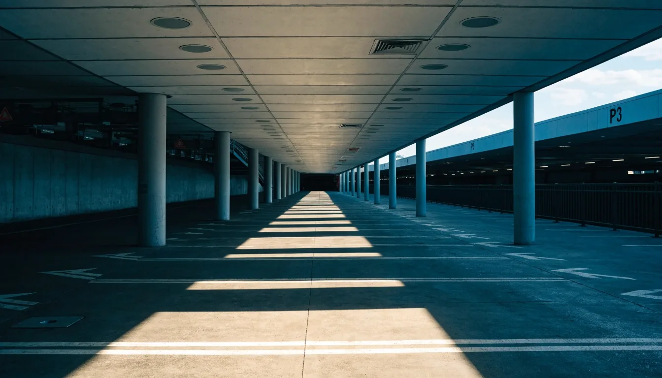 Undercover P3 parking deck with empty bays in morning light