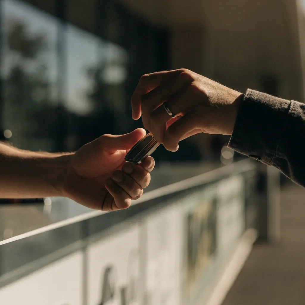 Hands exchanging a car key at the valet kerb