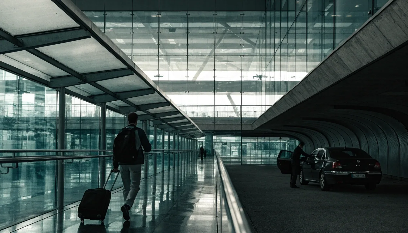 Traveller walking along covered walkway toward terminal