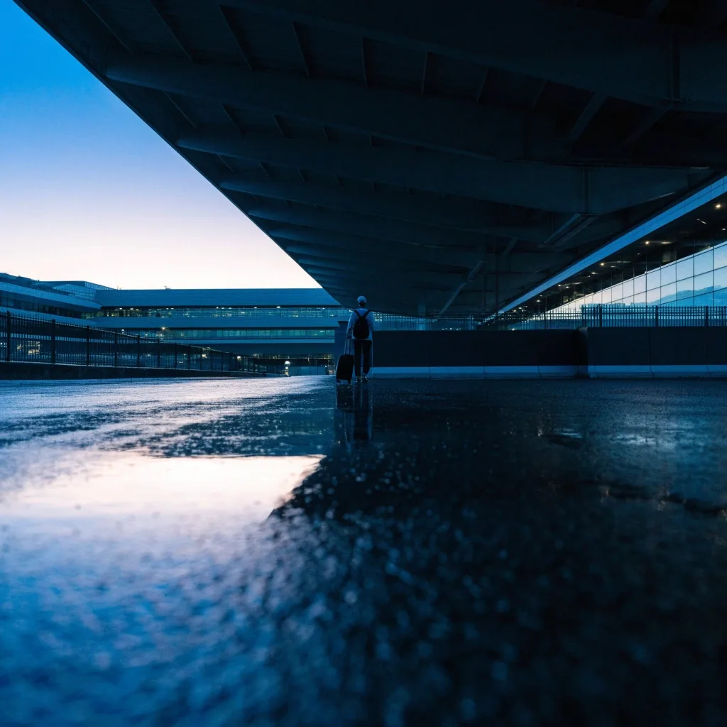 Arrival drive at Sydney Airport Terminal 1 at dusk