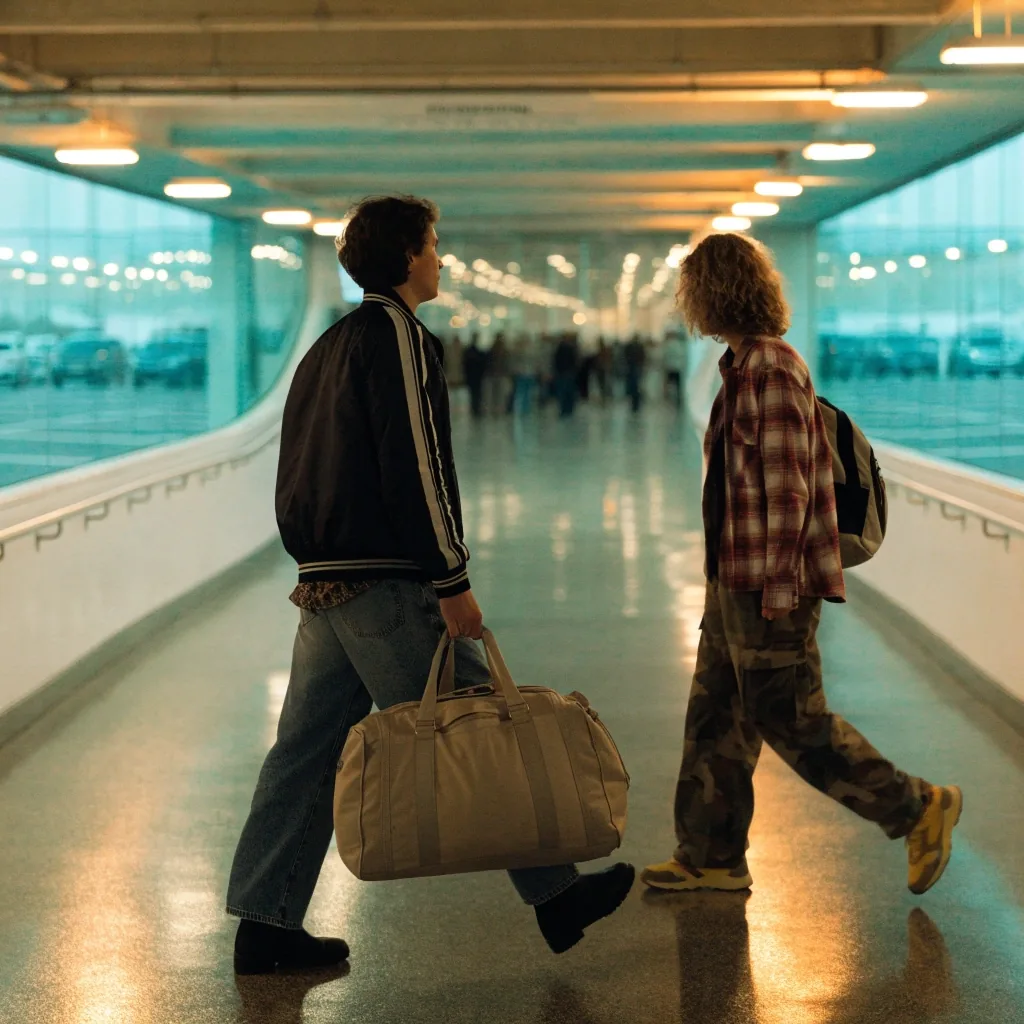Covered walkway toward Terminal 1 with traveller and suitcase