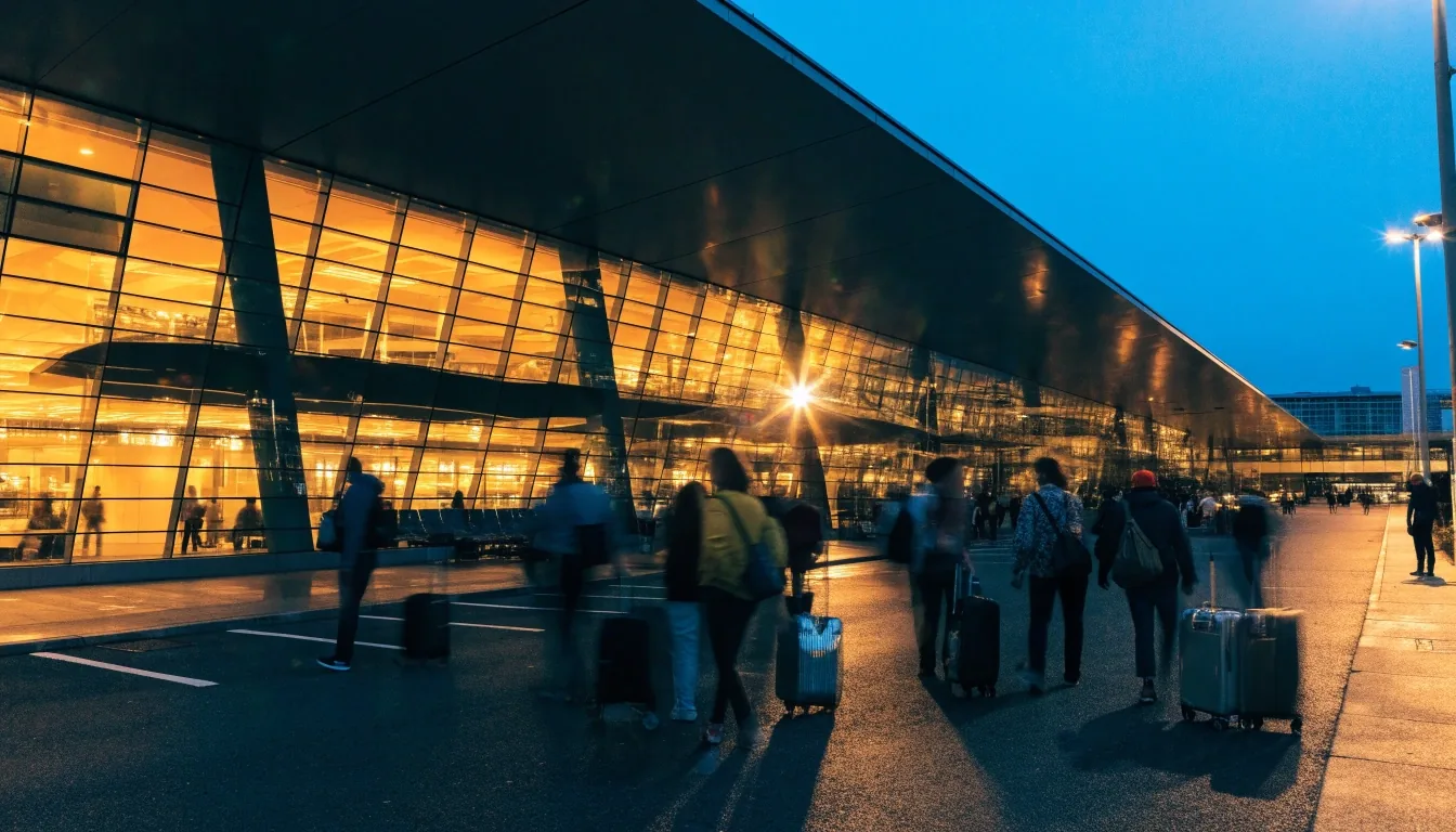 Terminal 1 glowing at night across the forecourt