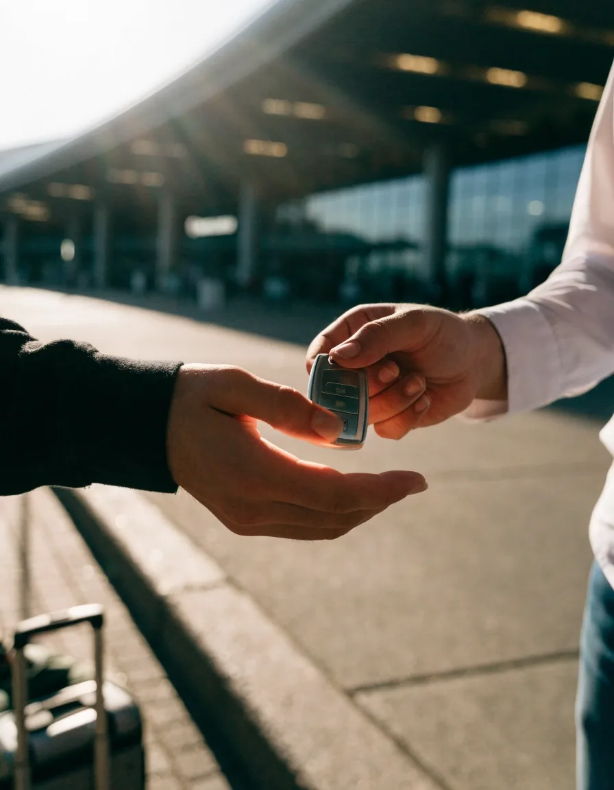 Hands exchanging a car key at the valet kerb