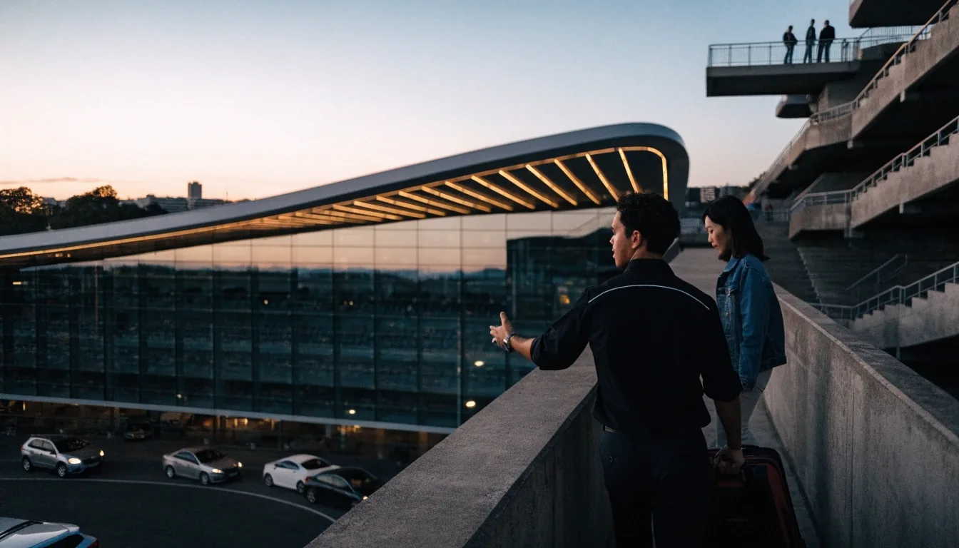 Terminal 1 facade seen from the car park top deck at dusk